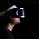 Tetsuya Mizuguchi, founder of development studio Enhance, trying out a PlayStation VR at a Tokyo game show in 2016.